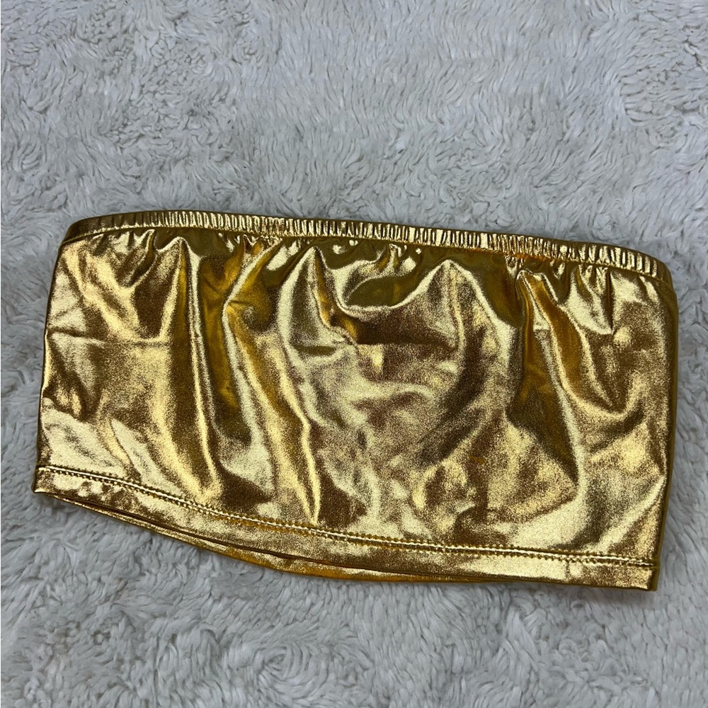 Women Shiny Metallic Strapless Crop Top Gold  Size S # 460